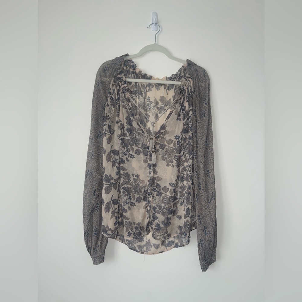 Free People Hendrix Sheer contrast print button down blouse bohemian peasant M - Picture 2 of 8